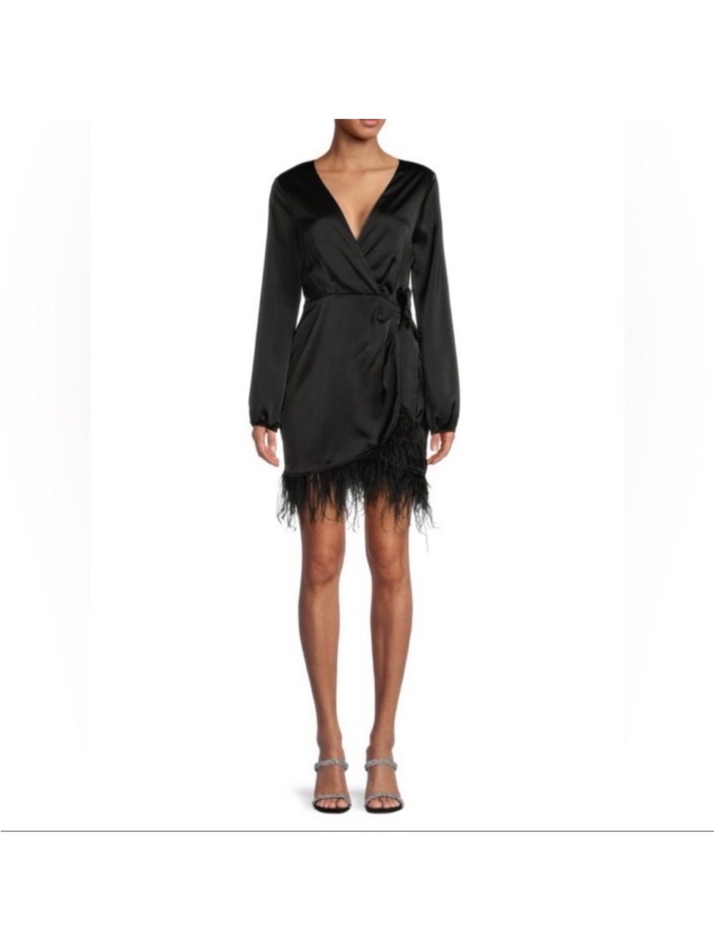 WAYF Black Satin Wrap Mini Dress with Feather Hem M size